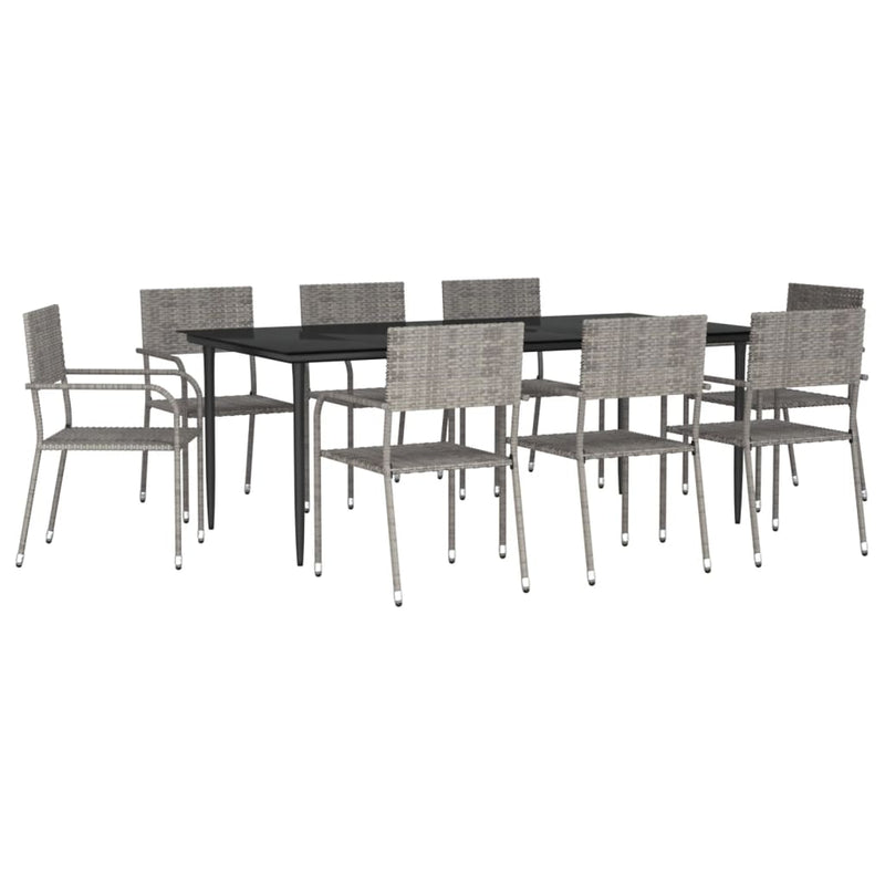 9 Piece Garden Dining Set Grey and Black Poly Rattan and Steel