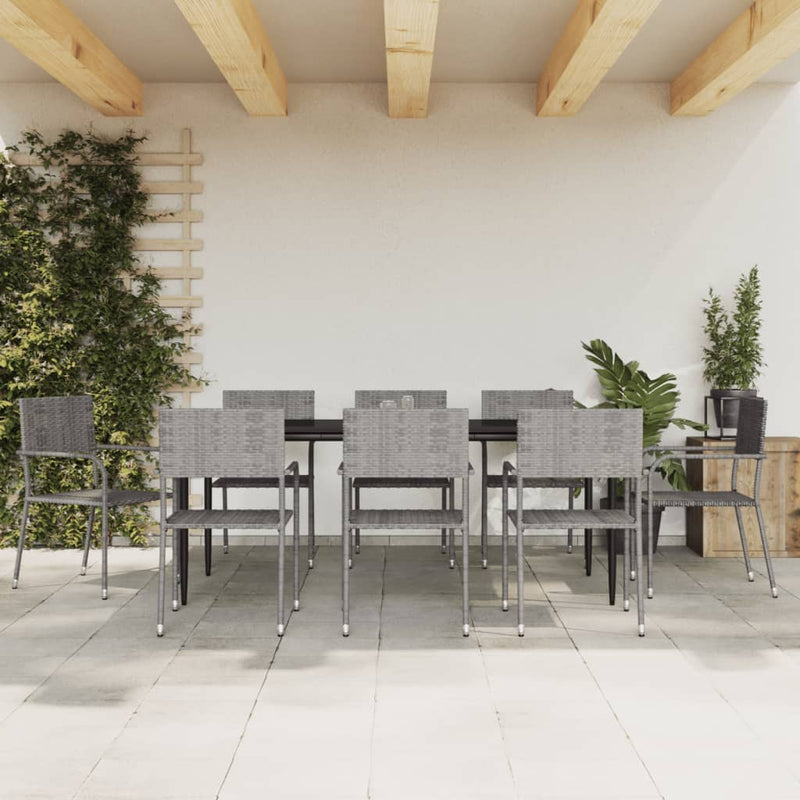 9 Piece Garden Dining Set Grey and Black Poly Rattan and Steel