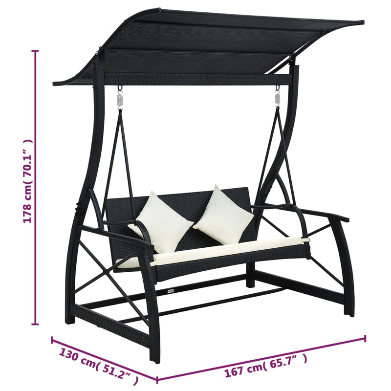 3-Seater  Garden Swing Bench with Canopy Poly Rattan Black