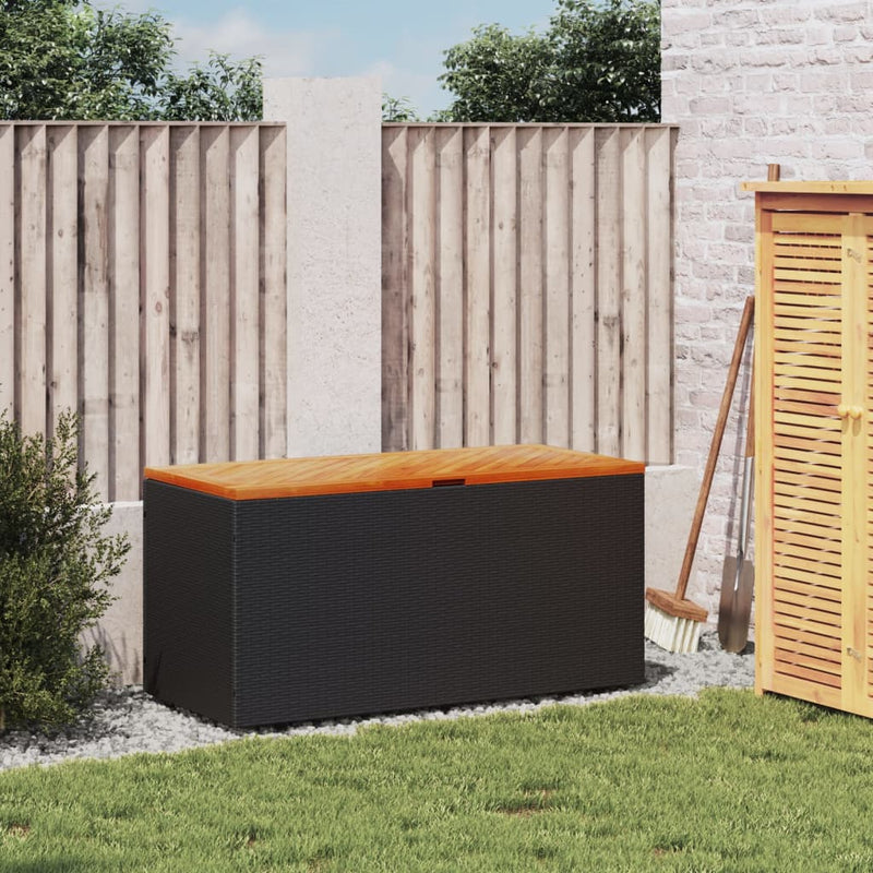 Garden Storage Box Black 110x50x54 cm Poly Rattan Acacia Wood