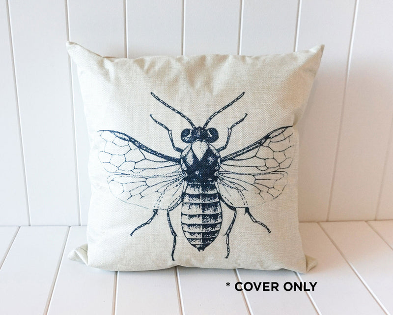 Natural Fabric Cushion Cover Linen Look Black and White Bee 45x45 Image 1 - natural-fabric-cushion-cover-linen-look-black-and-white-bee-45x45