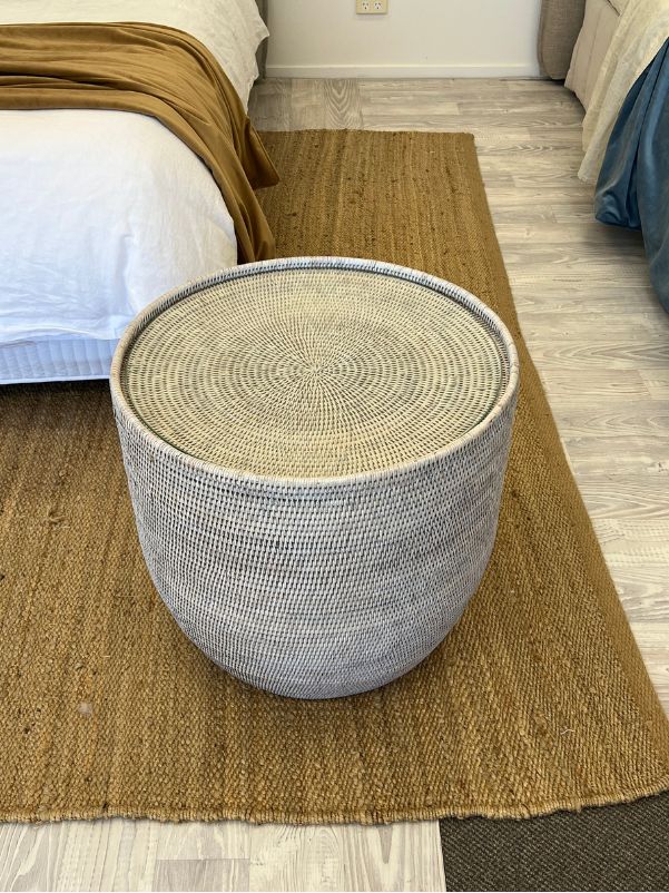 whitewashed round coastal style rattan wide table glass top