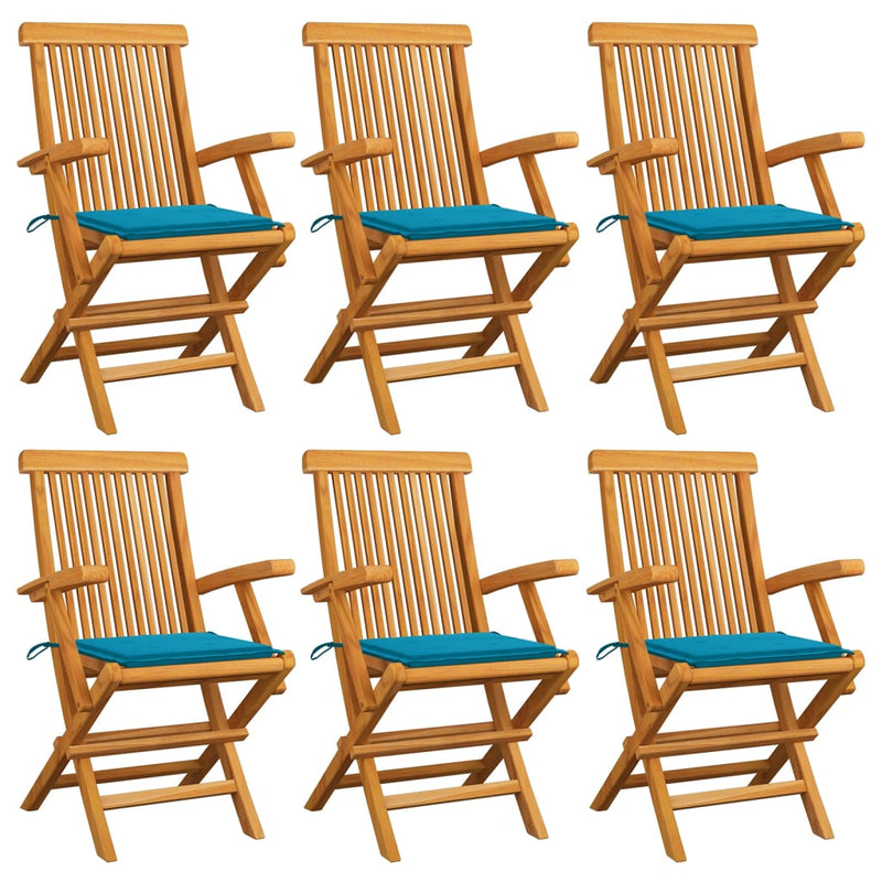 Garden Chairs with Blue Cushions 6 pcs Solid Teak Wood