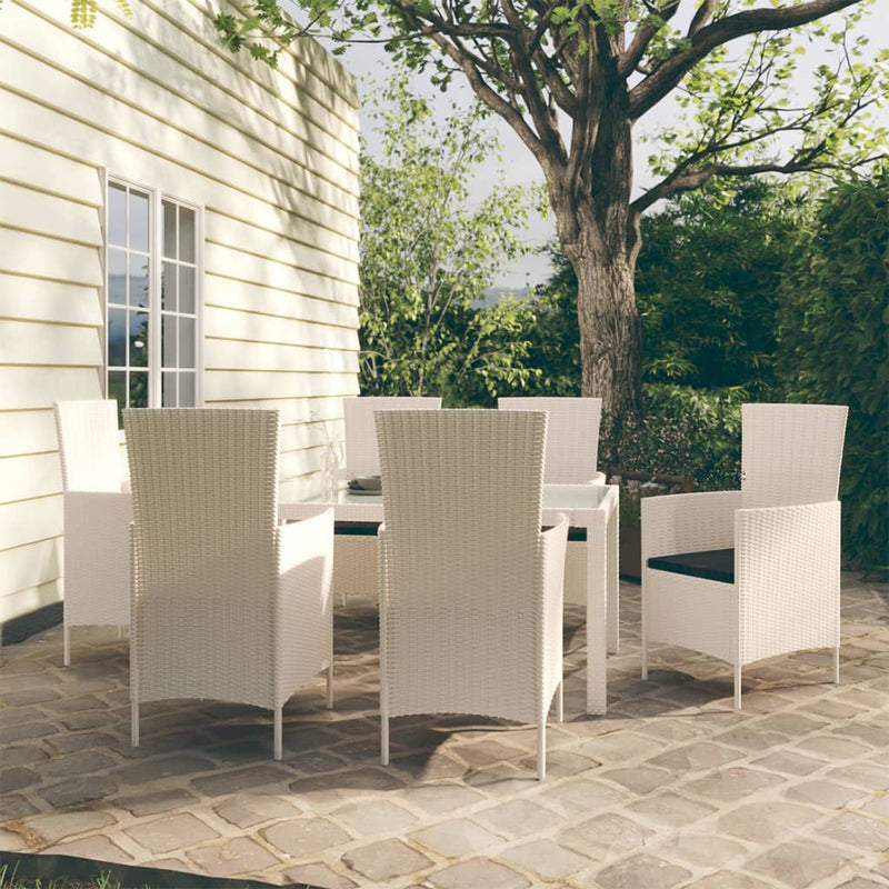 7 Piece Outdoor Dining Set with Cushions Poly Rattan White