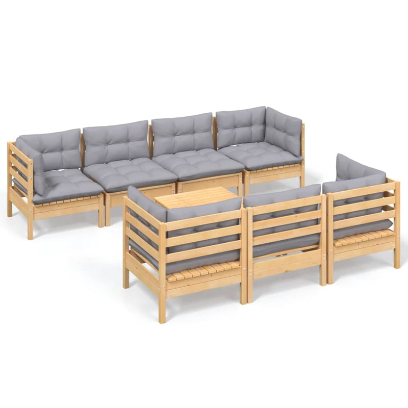 8 Piece Garden Lounge Set with Grey Cushions Solid Pinewood