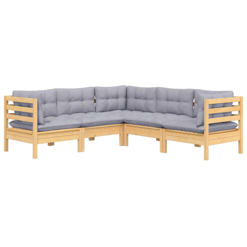 5 Piece Garden Lounge Set with Grey Cushions Solid Pinewood