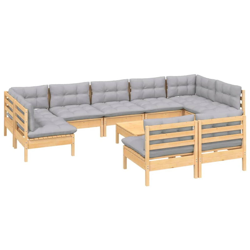 10 Piece Garden Lounge Set with Grey Cushions Solid Pinewood