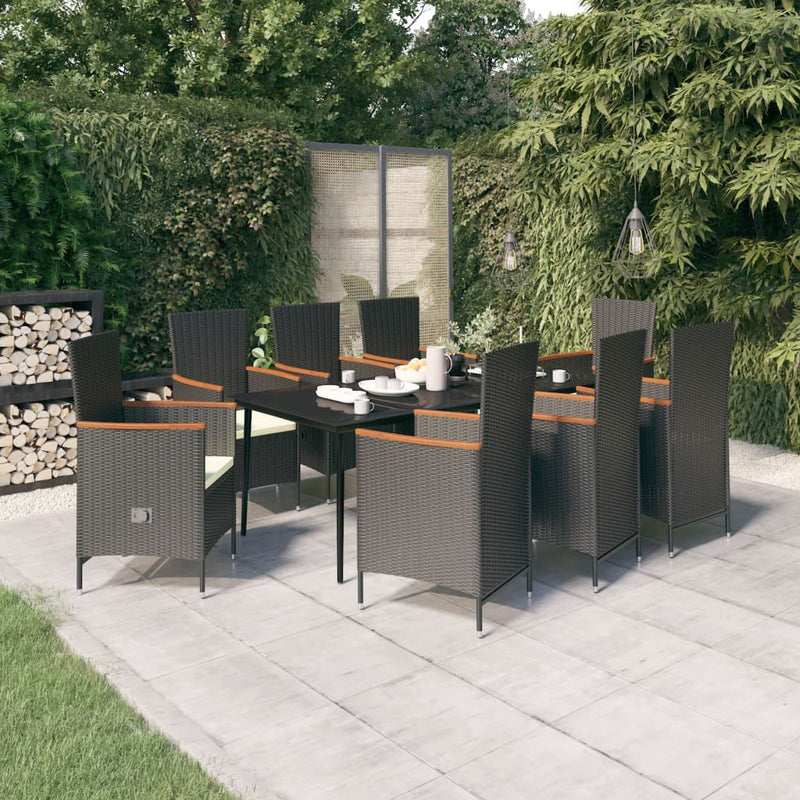 9 Piece Garden Dining Set with Cushions Black