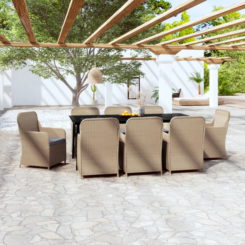 9 Piece Garden Dining Set with Cushions Brown