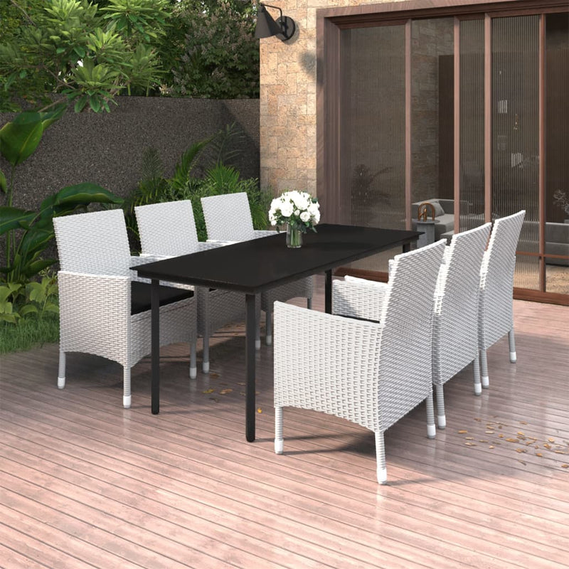 7 Piece Garden Dining Set with Cushions Poly Rattan and Glass