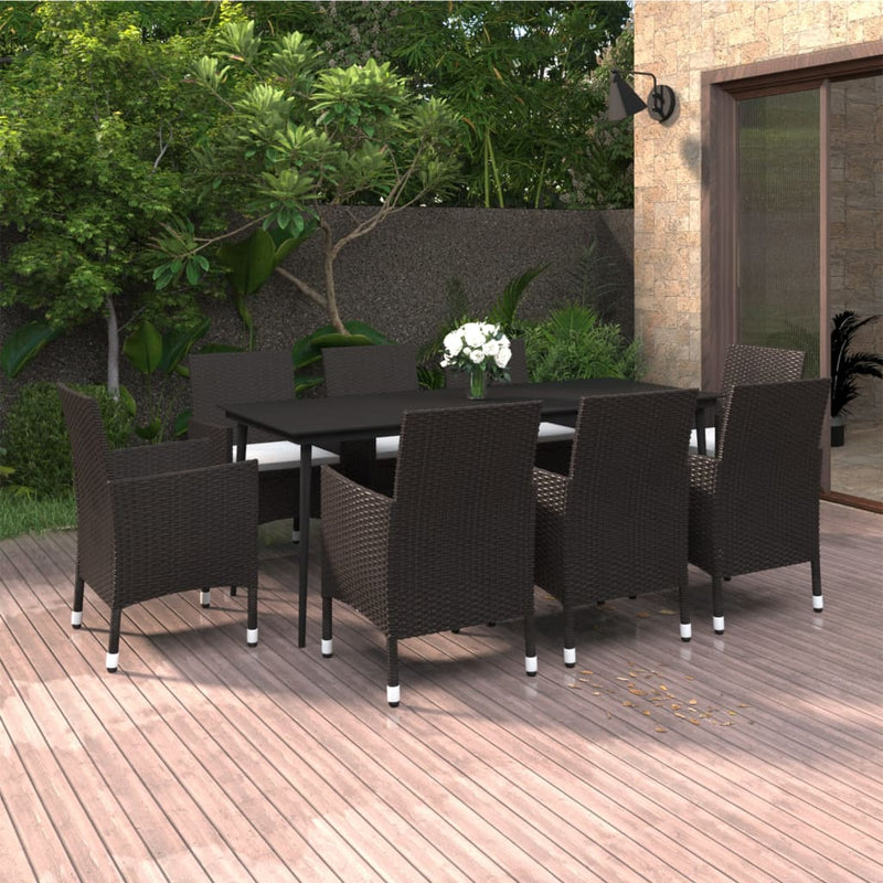 9 Piece Garden Dining Set with Cushions Poly Rattan and Glass