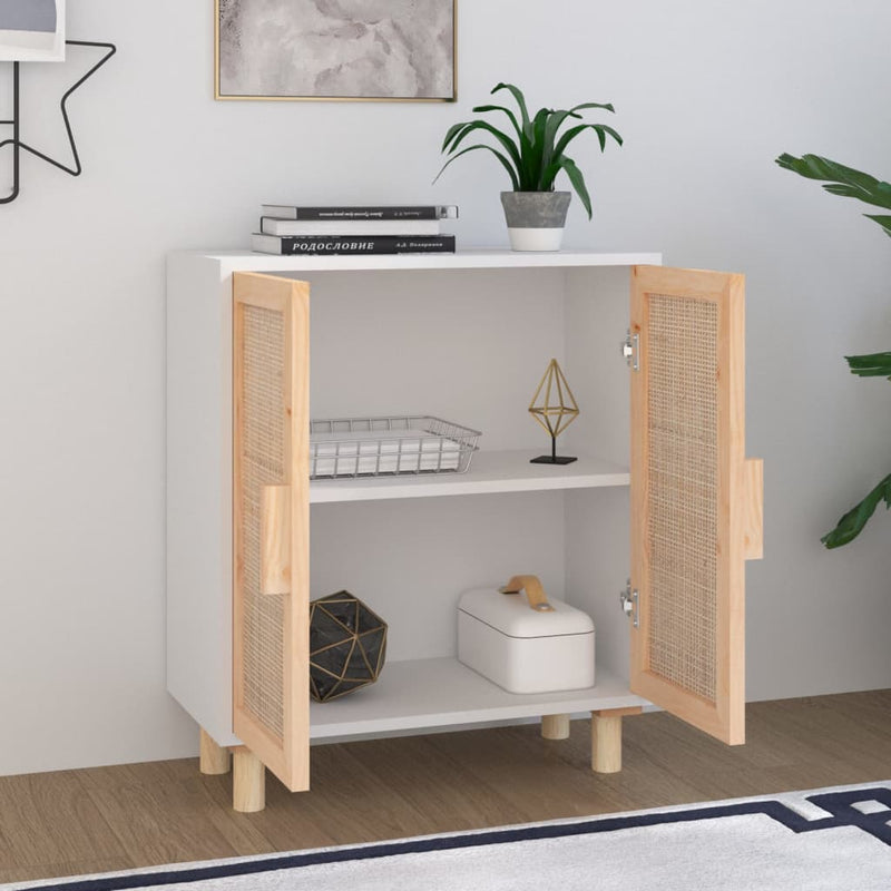 Sideboard White 60x30x70 cm Solid Wood Pine and Natural Rattan