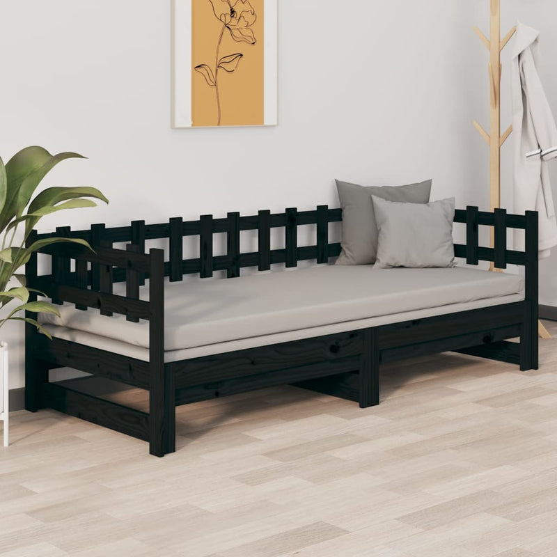 Pull-out Day Bed Black 2x(92x187) cm Single Size Solid Wood Pine