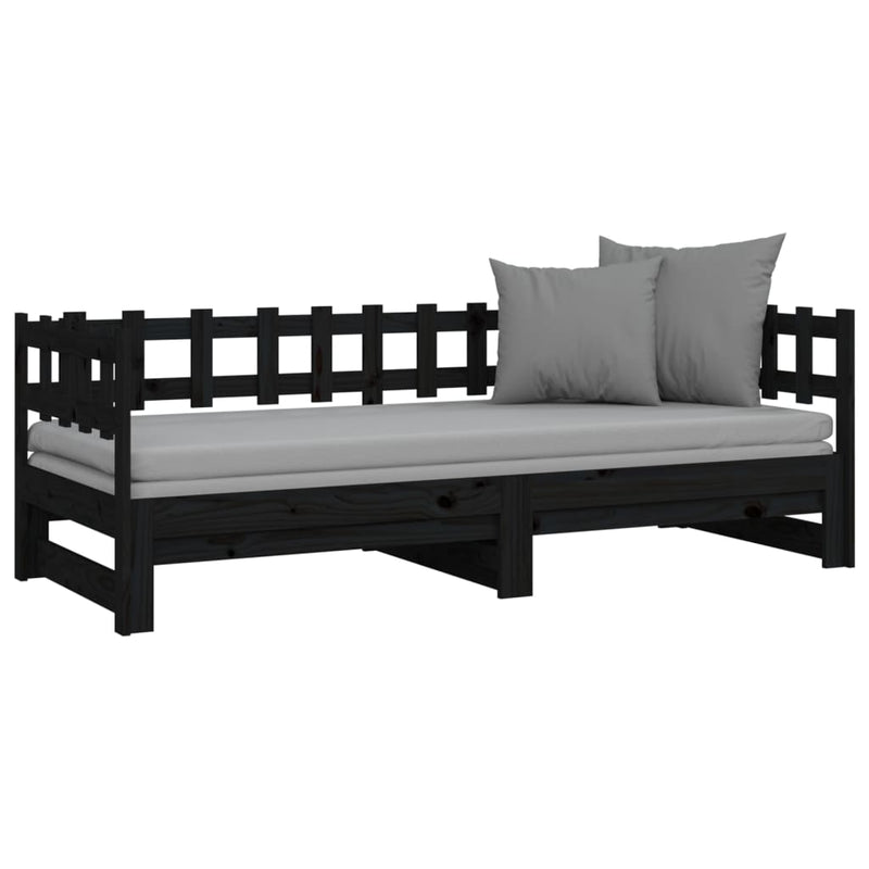 Pull-out Day Bed Black 2x(92x187) cm Single Size Solid Wood Pine
