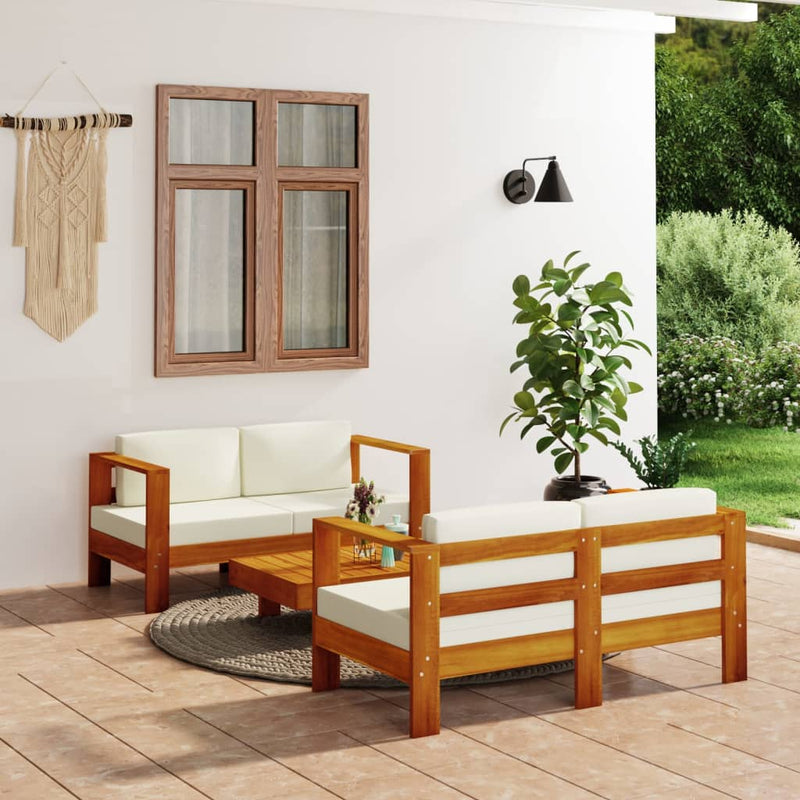 3 Piece Garden Lounge Set with Cream White Cushions Solid Wood