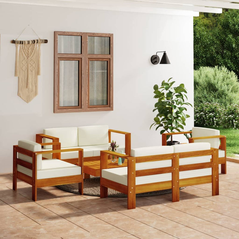 5 Piece Garden Lounge Set with Cream White Cushions Solid Wood