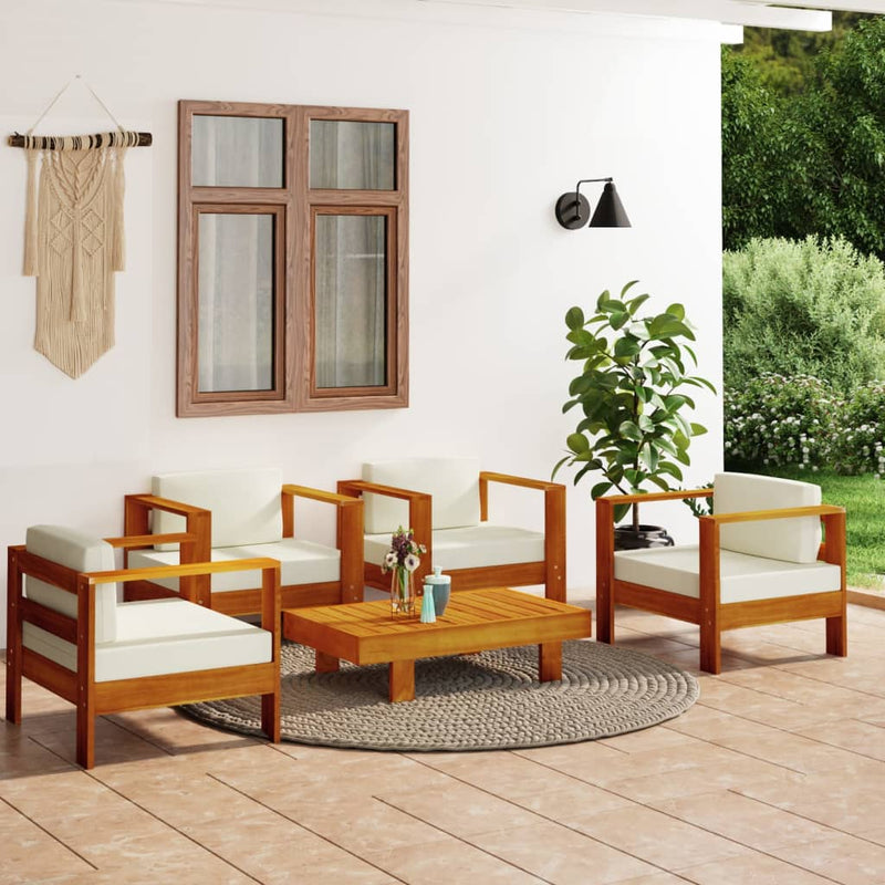 5 Piece Garden Lounge Set with Cream White Cushions Solid Wood