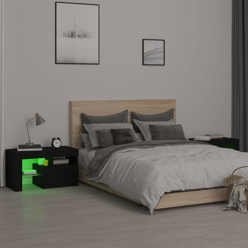 Bedside Cabinets 2 pcs with LED Lights Black 70x36.5x40 cm