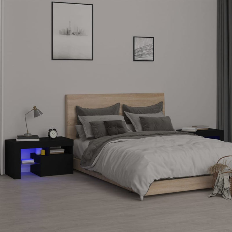 Bedside Cabinets 2 pcs with LED Lights Black 70x36.5x40 cm