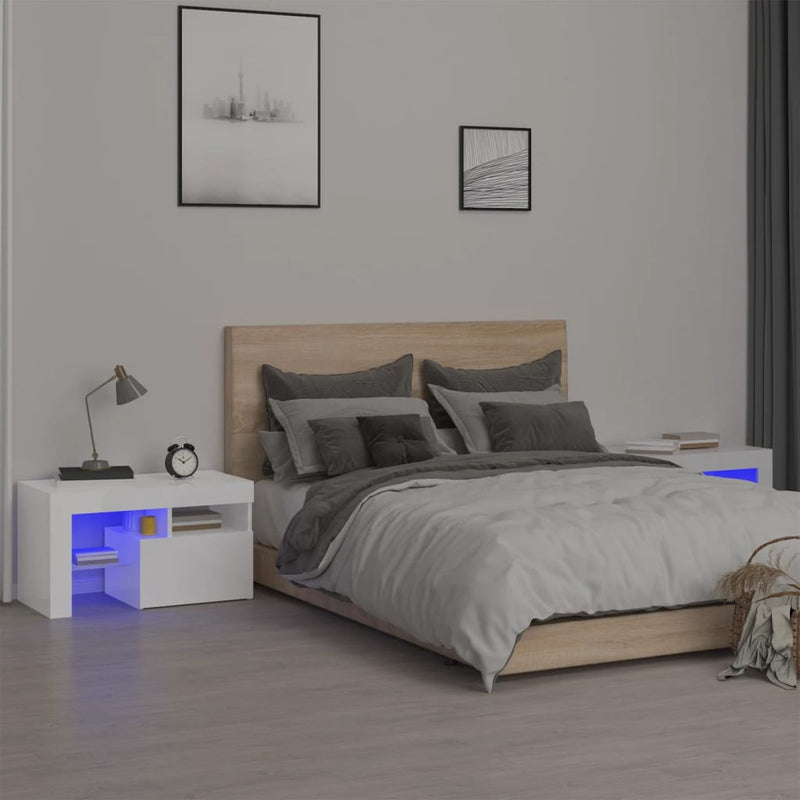 Bedside Cabinets 2 pcs with LED Lights High Gloss White 70x36.5x40 cm
