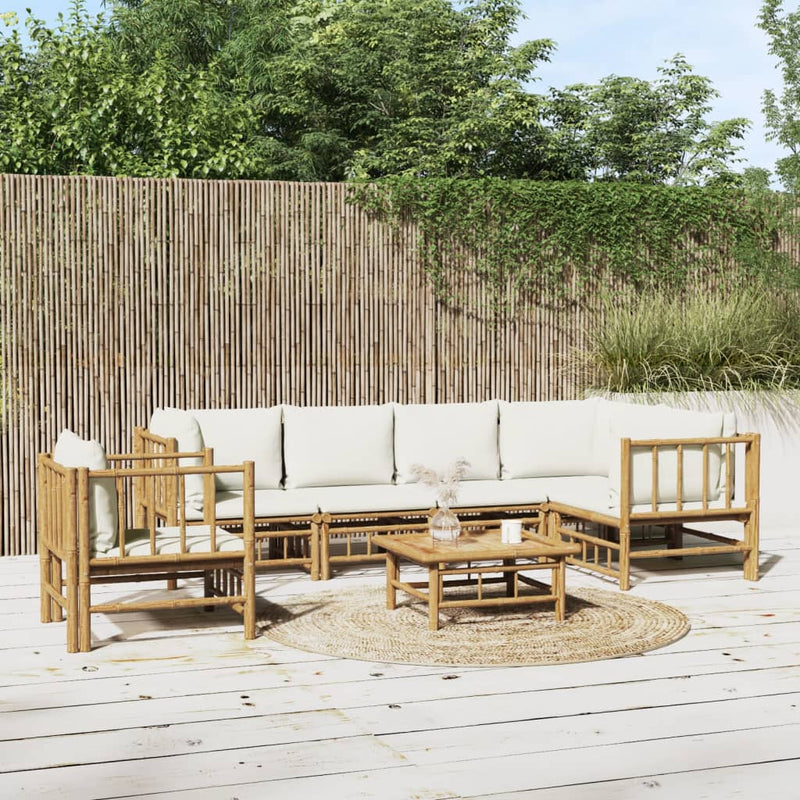 7 Piece Garden Lounge Set with Cream White Cushions  Bamboo