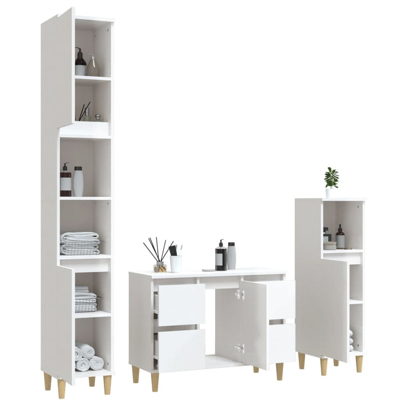 3 Piece Bathroom Furniture Set High Gloss White Engineered Wood