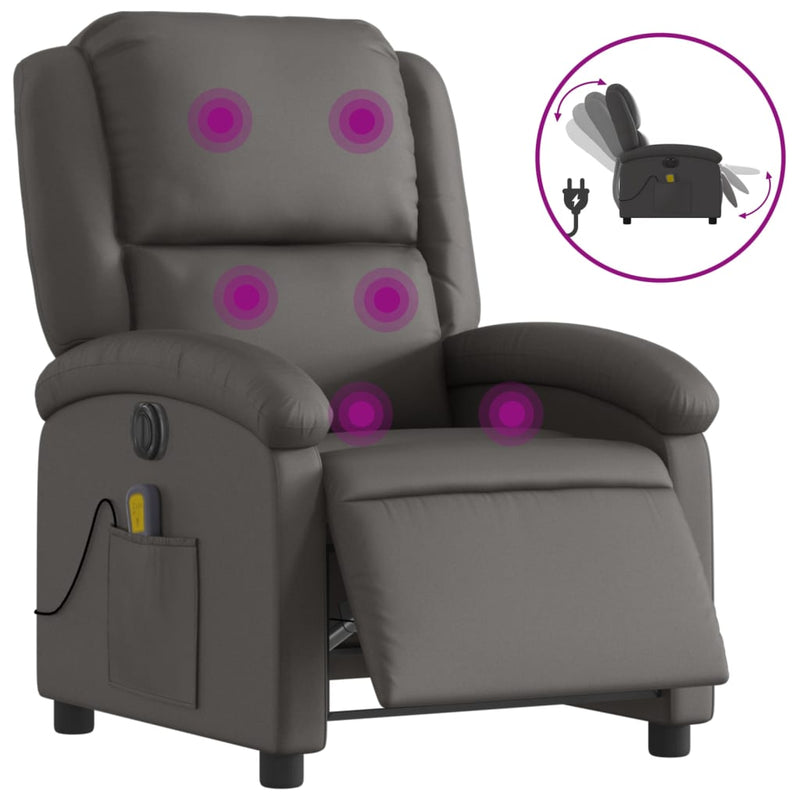 Electric Massage Recliner Chair Grey Real Leather