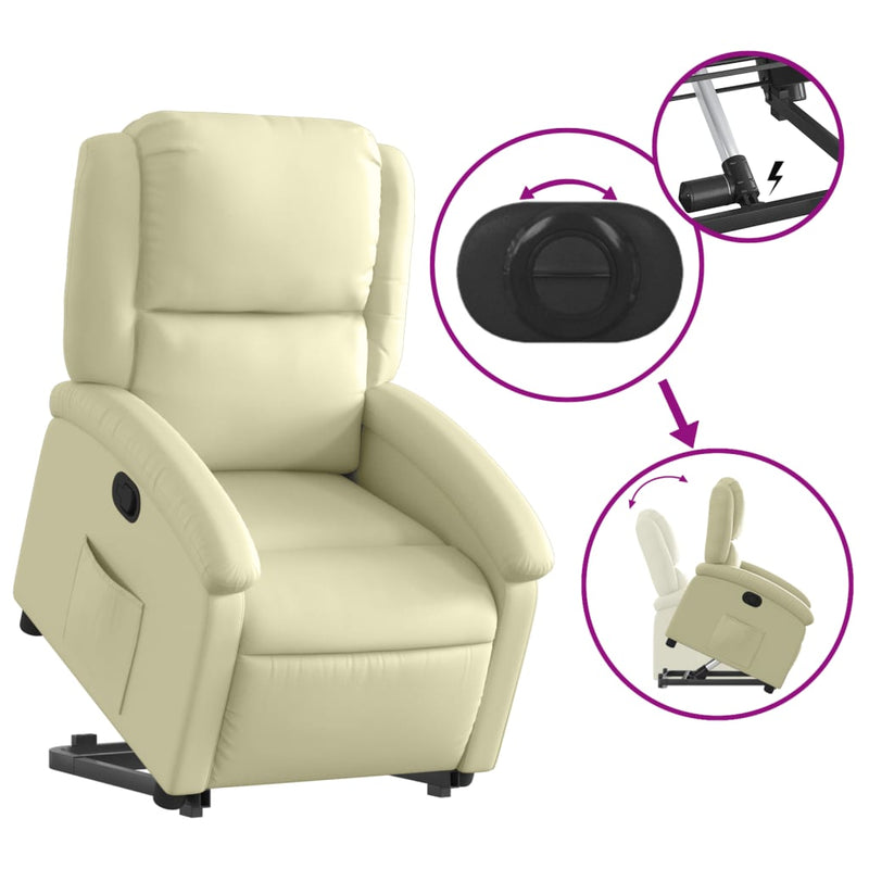 Stand up Recliner Chair Cream Real Leather