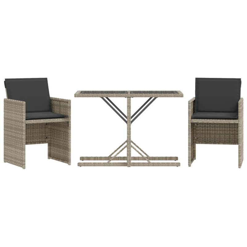 3 Piece Bistro Set with Cushions Light Grey Poly Rattan