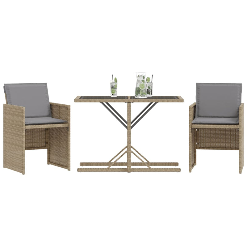 3 Piece Bistro Set with Cushions Mix Beige Poly Rattan