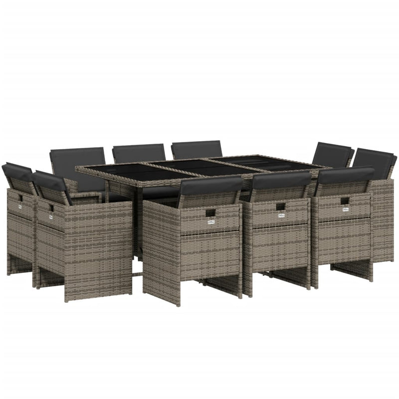 11 Piece Garden Dining Set with Cushions Grey Poly Rattan