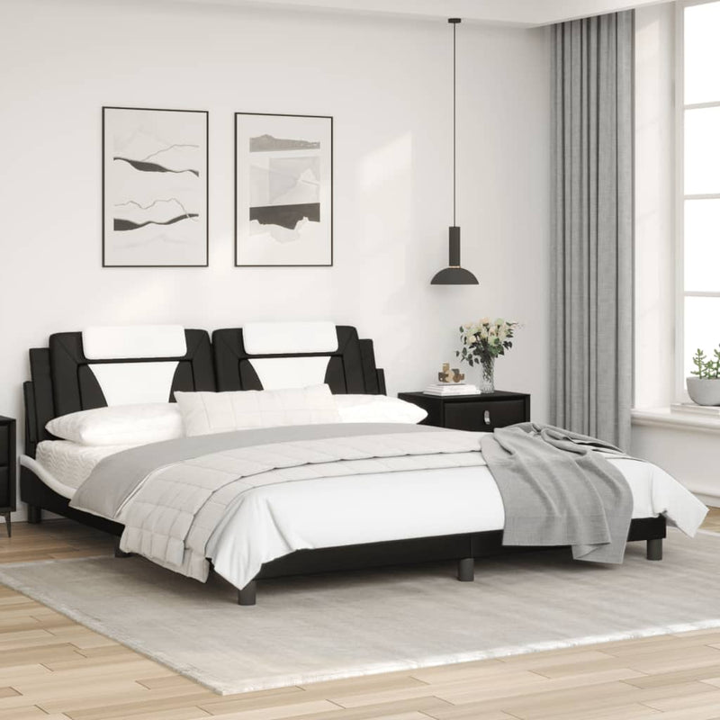 vidaXL Bed Frame with Headboard Black and White 183x203 cm King Size Faux Leather