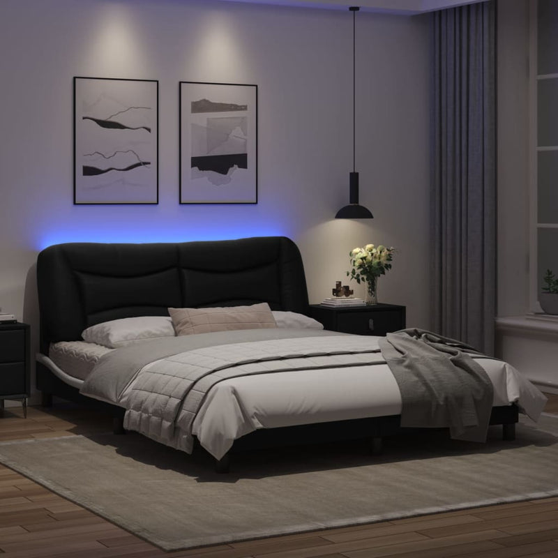 Bed Frame with LED Lights Black and White 152x203 cm Faux Leather