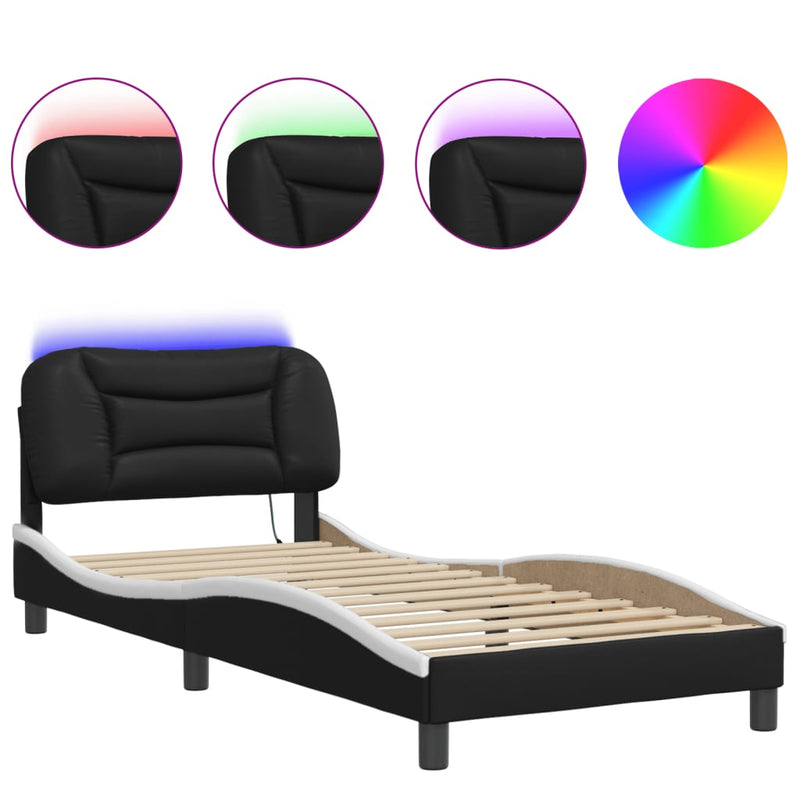 Bed Frame with LED Light Black and White 90x190 cm Faux Leather