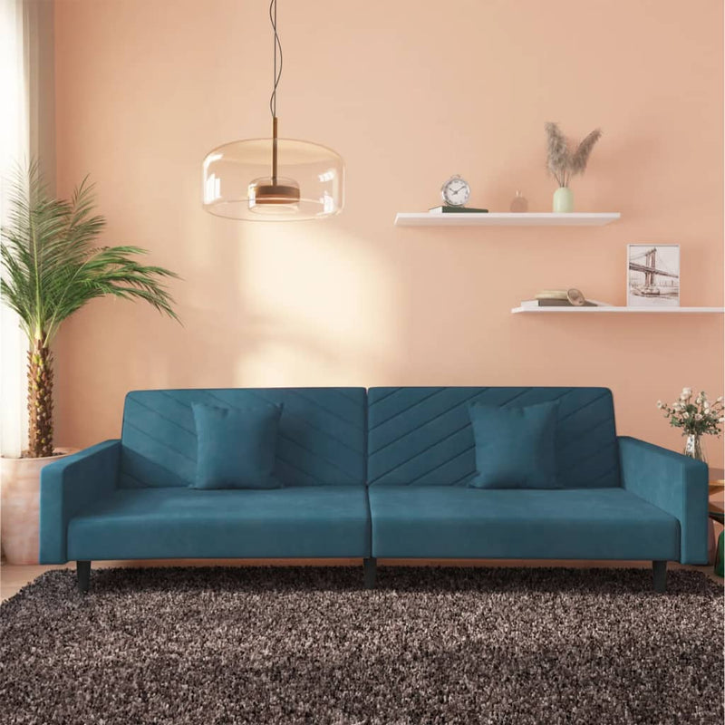 2-Seater Sofa Bed with Two Pillows Blue Velvet