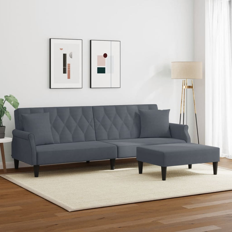 2-Seater Sofa Bed with Pillows and Footstool Dark Grey Velvet