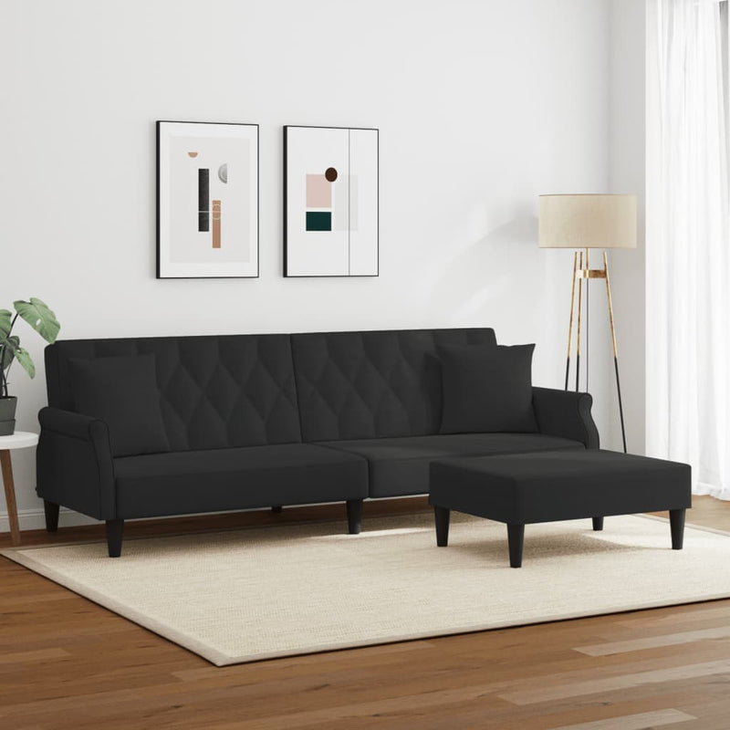 2-Seater Sofa Bed with Pillows and Footstool Black Velvet
