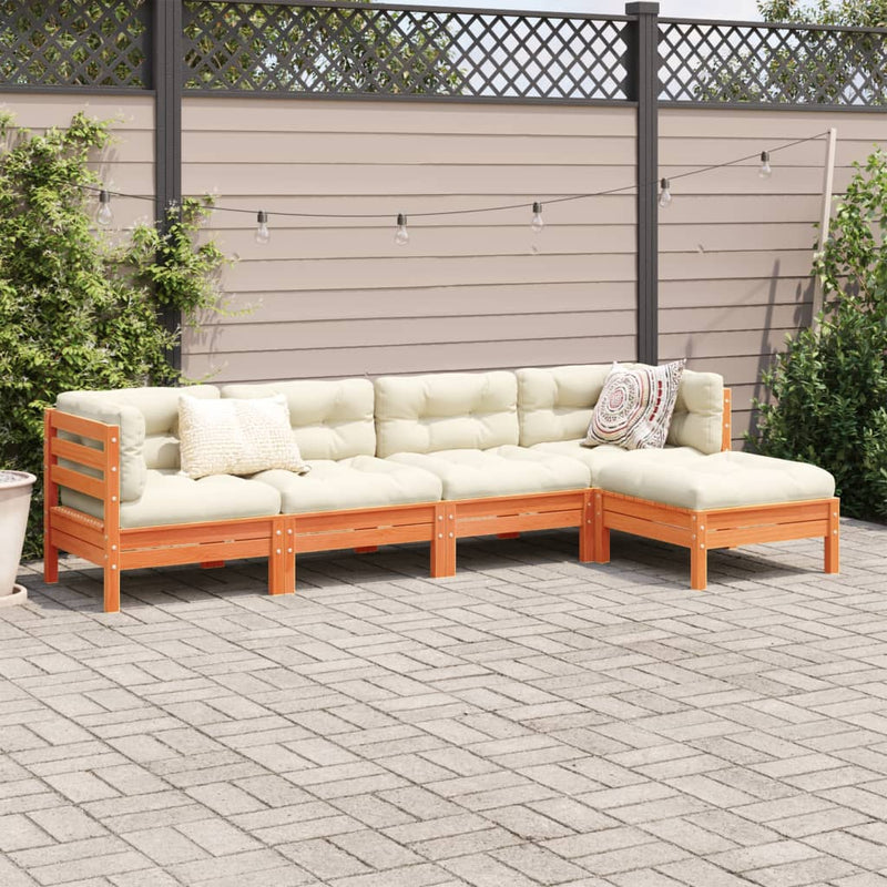 5 Piece Garden Sofa Set with Cushions Wax Brown Solid Wood Pine