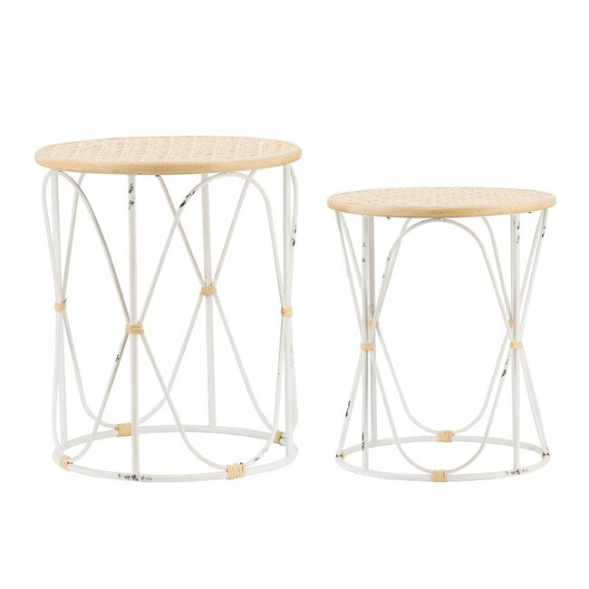 Set of 2 Bamboo Weave/Iron Side Tables Distressed White Image 1 - uhdd_20837