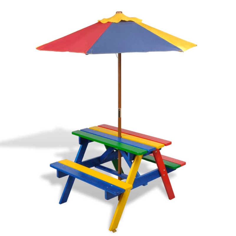 Kids'_Picnic_Table_with_Benches_and_Parasol_Multicolour_Wood_IMAGE_1
