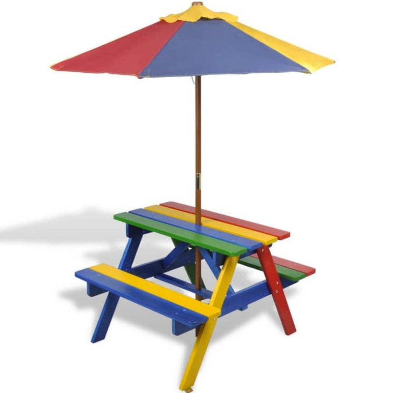 Kids'_Picnic_Table_with_Benches_and_Parasol_Multicolour_Wood_IMAGE_6