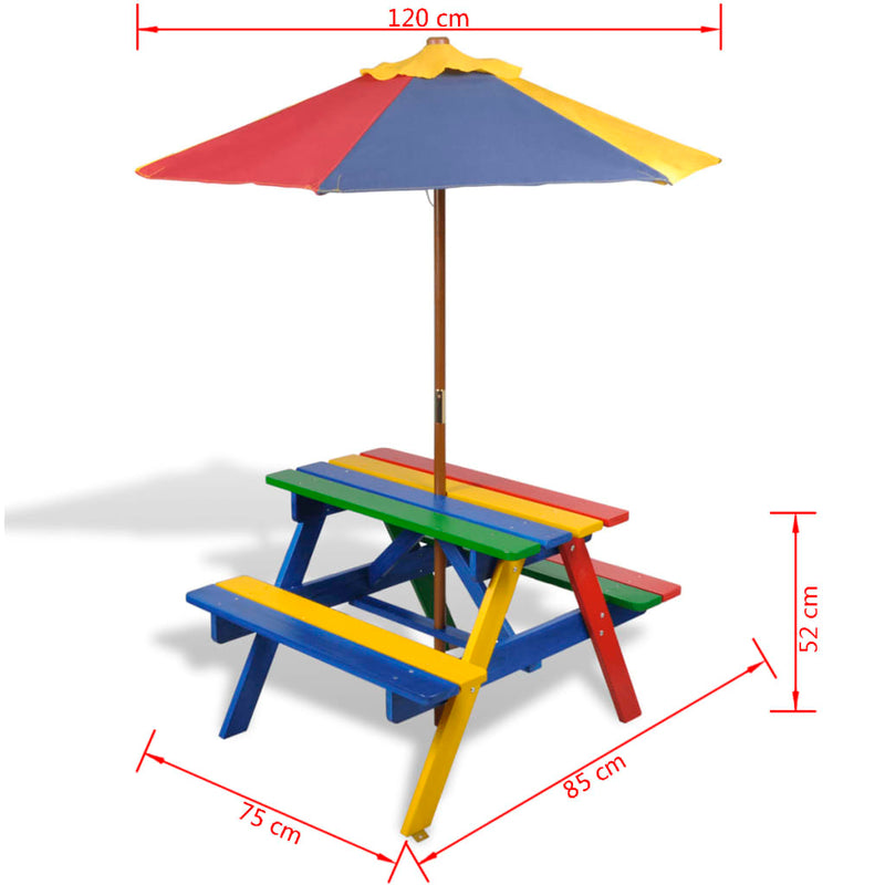 Kids'_Picnic_Table_with_Benches_and_Parasol_Multicolour_Wood_IMAGE_7