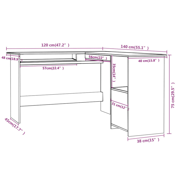 L-Shaped Corner Desk White 120x140x75 cm Engineered Wood