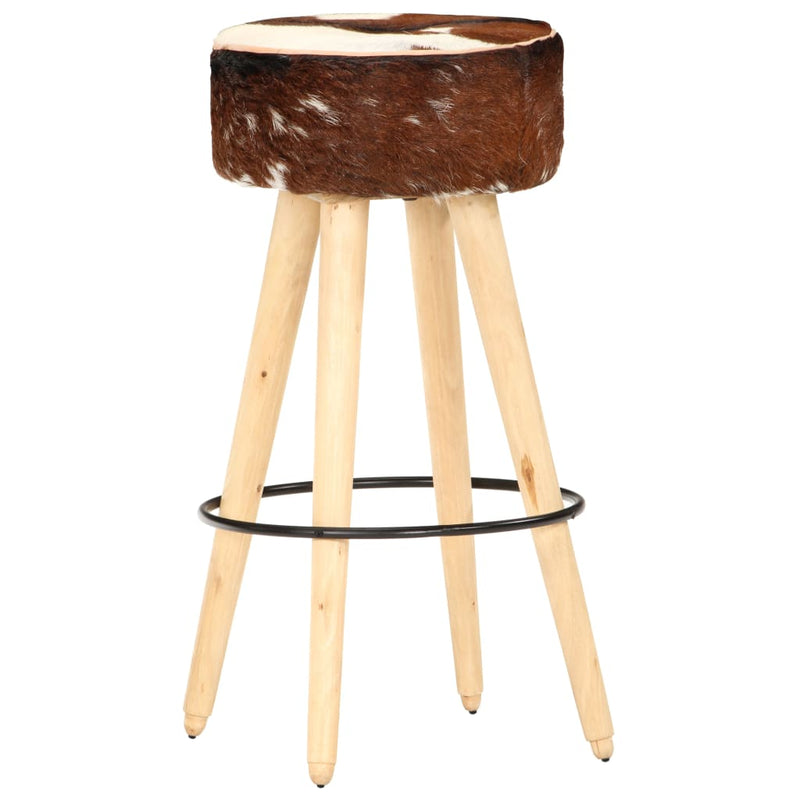 Bar Stools 2 pcs Brown Rough Mango Wood and Real Leather