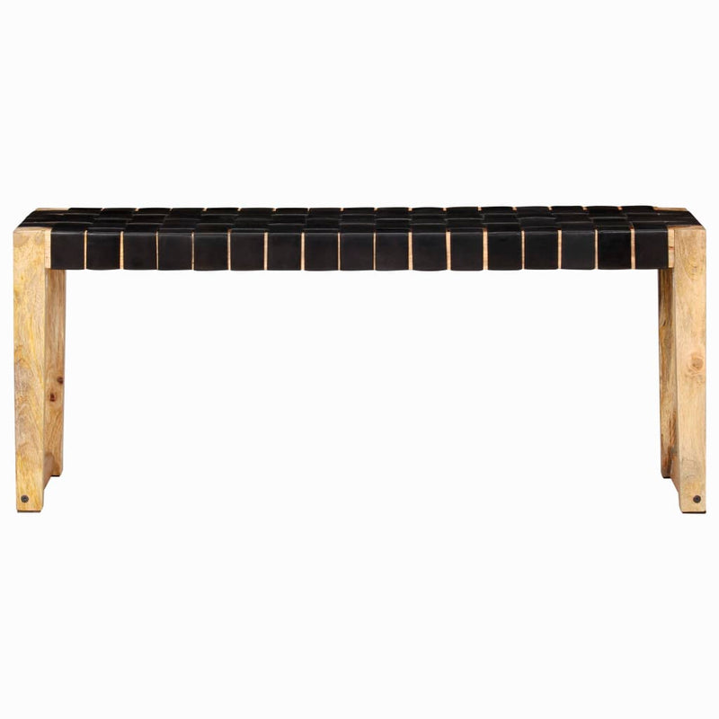 Bench 110 cm Black Real Leather and Solid Mango Wood