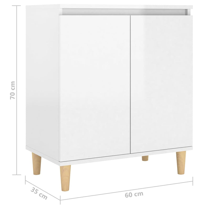 Sideboard&Solid Wood Legs High Gloss White 60x35x70cm Engineered Wood