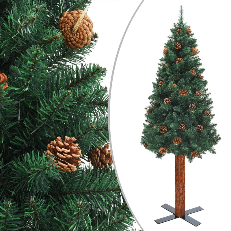 Slim Pre-lit Christmas Tree with Real Wood&Cones Green 180 cm