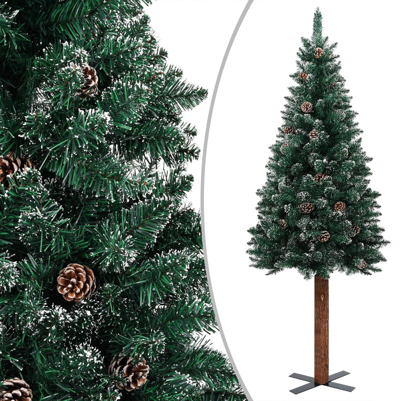 Slim Pre-lit Christmas Tree with Real Wood&White Snow Green 180 cm