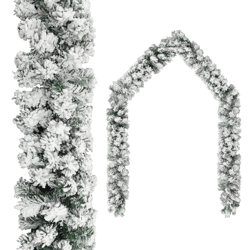 Christmas Garland with LEDs&Flocked Snow Green 10 m PVC