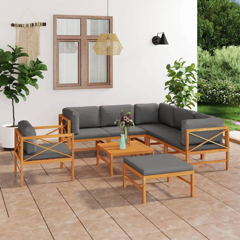8 Piece Garden Lounge Set with Grey Cushions Solid Wood Teak